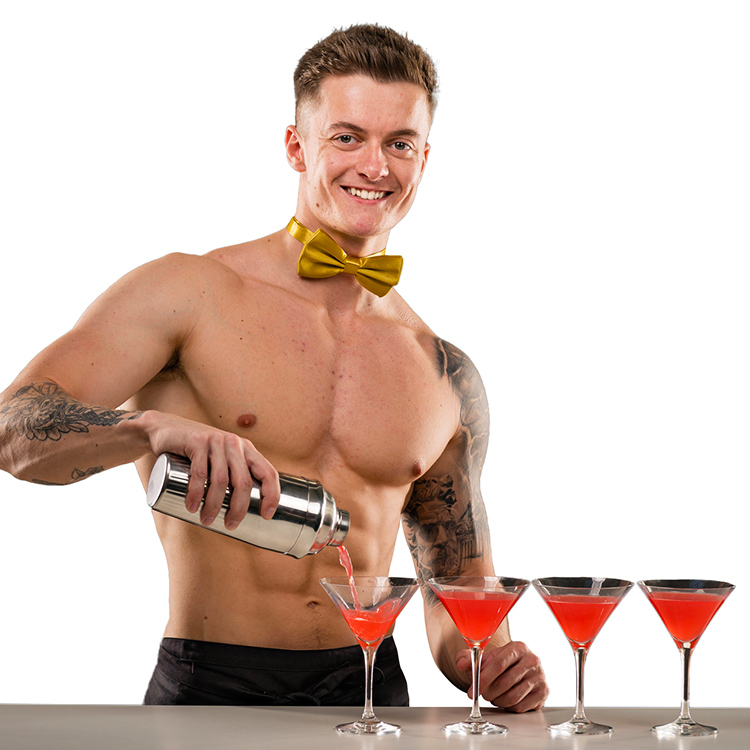 A muscular buff butler confidently using a cocktail shaker at a mobile cocktail making class.