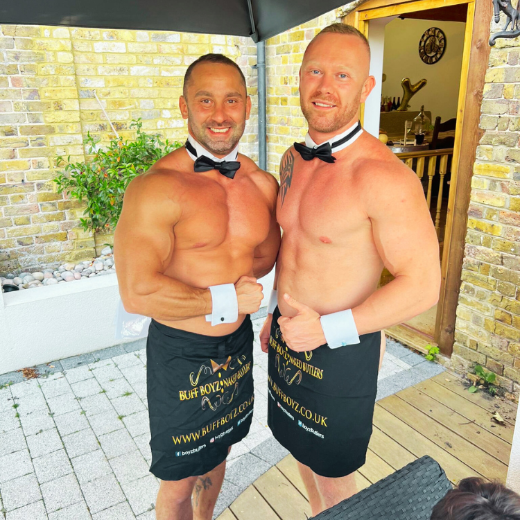 Image of naked butlers in Scotland preparing to serve at a 50th birthday party event held at the Newbattle Abbey Conference Centre.