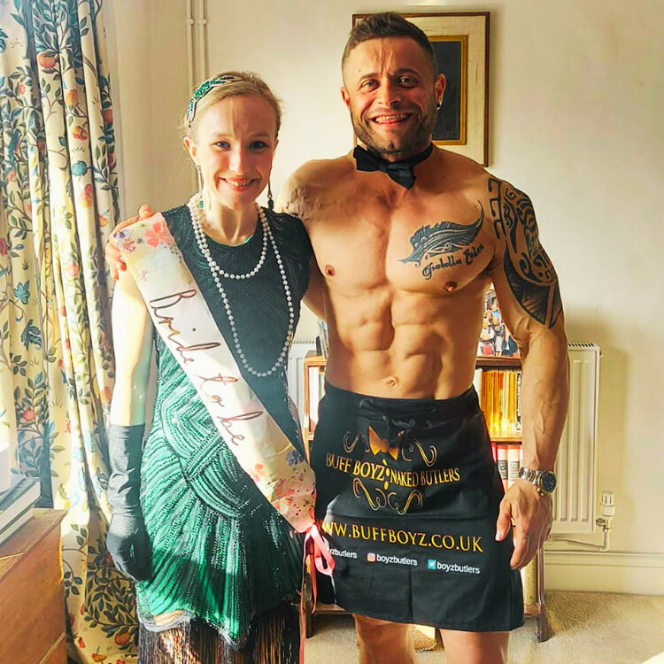 naked butlers in Camden with the bride at a hen party, adding a fun and sophisticated touch to the celebration
