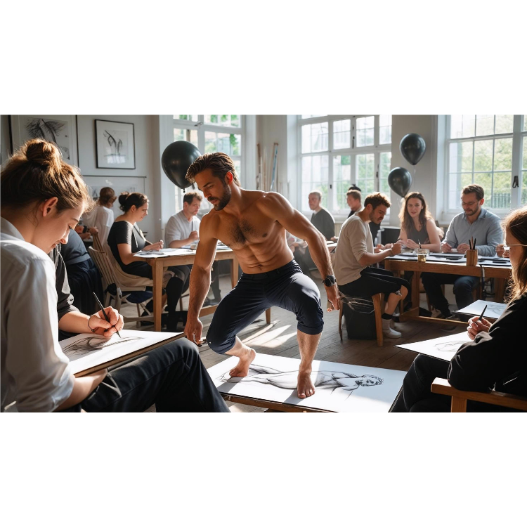 Hen party guests sketching a male model during a hen party life drawing in Stockport with buff butlers
