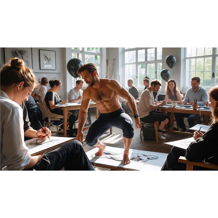 Hen party guests sketching a male model during a hen party life drawing in Bournemouth with buff butlers