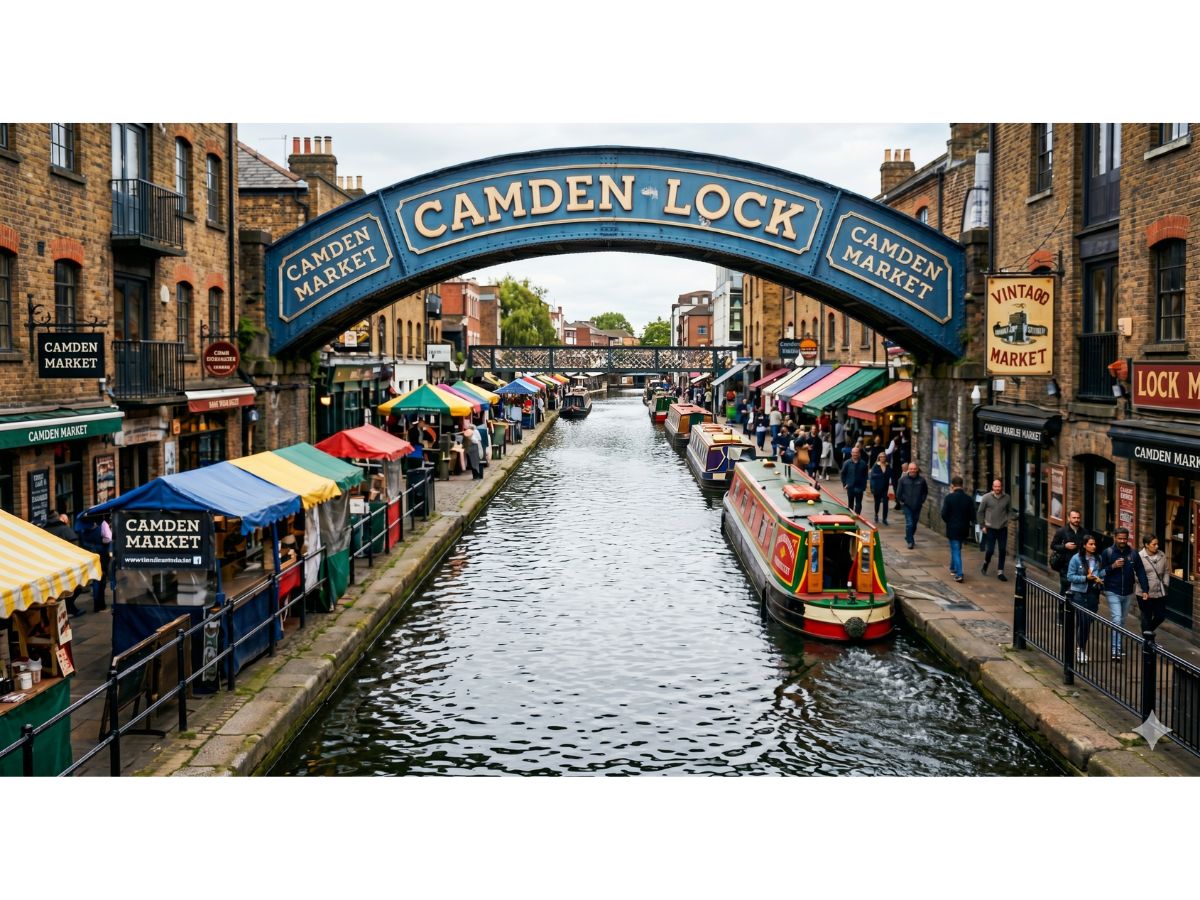 Wide-angle photograph of the historic and vibrant Camden Lock Market