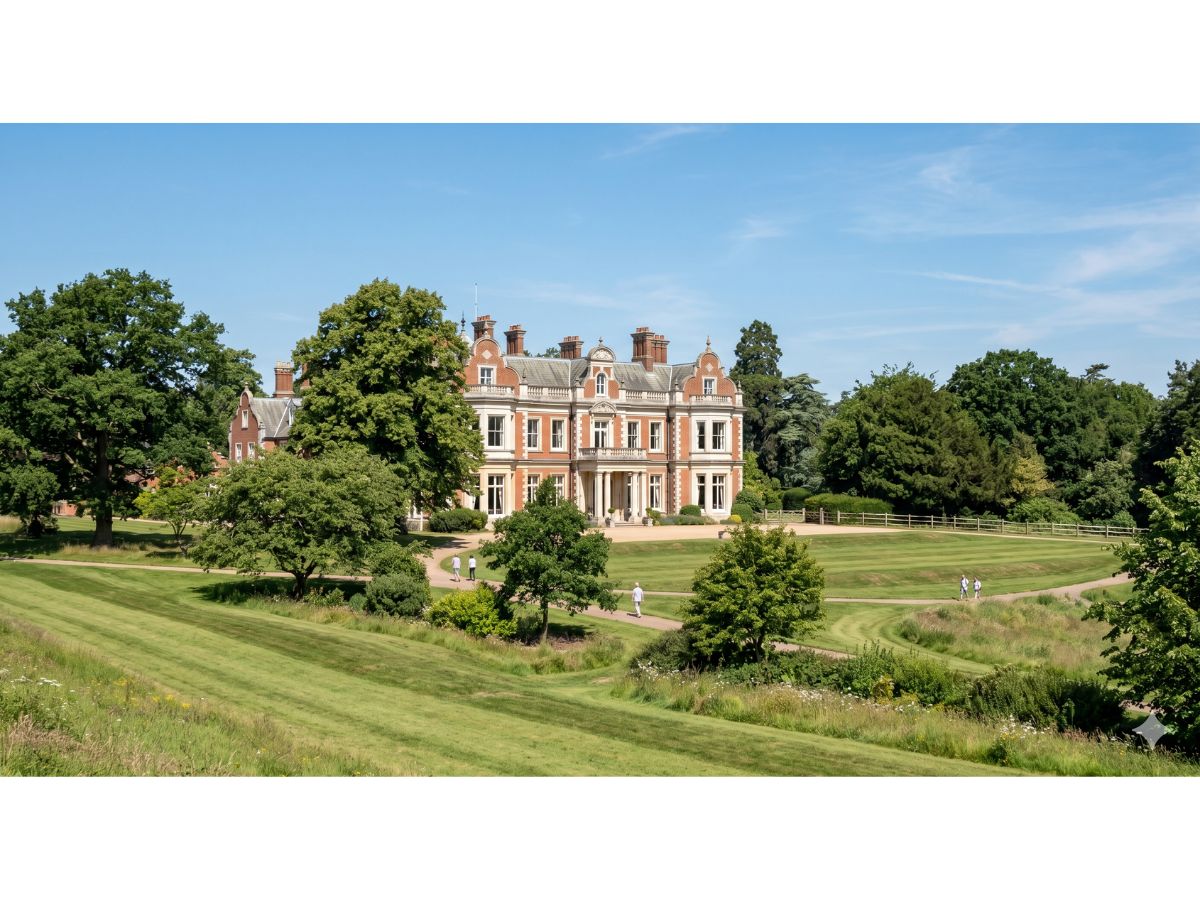A detailed photograph capturing the facade and surrounding parkland of Tring Park Mansion, near Tring, on a sunny day