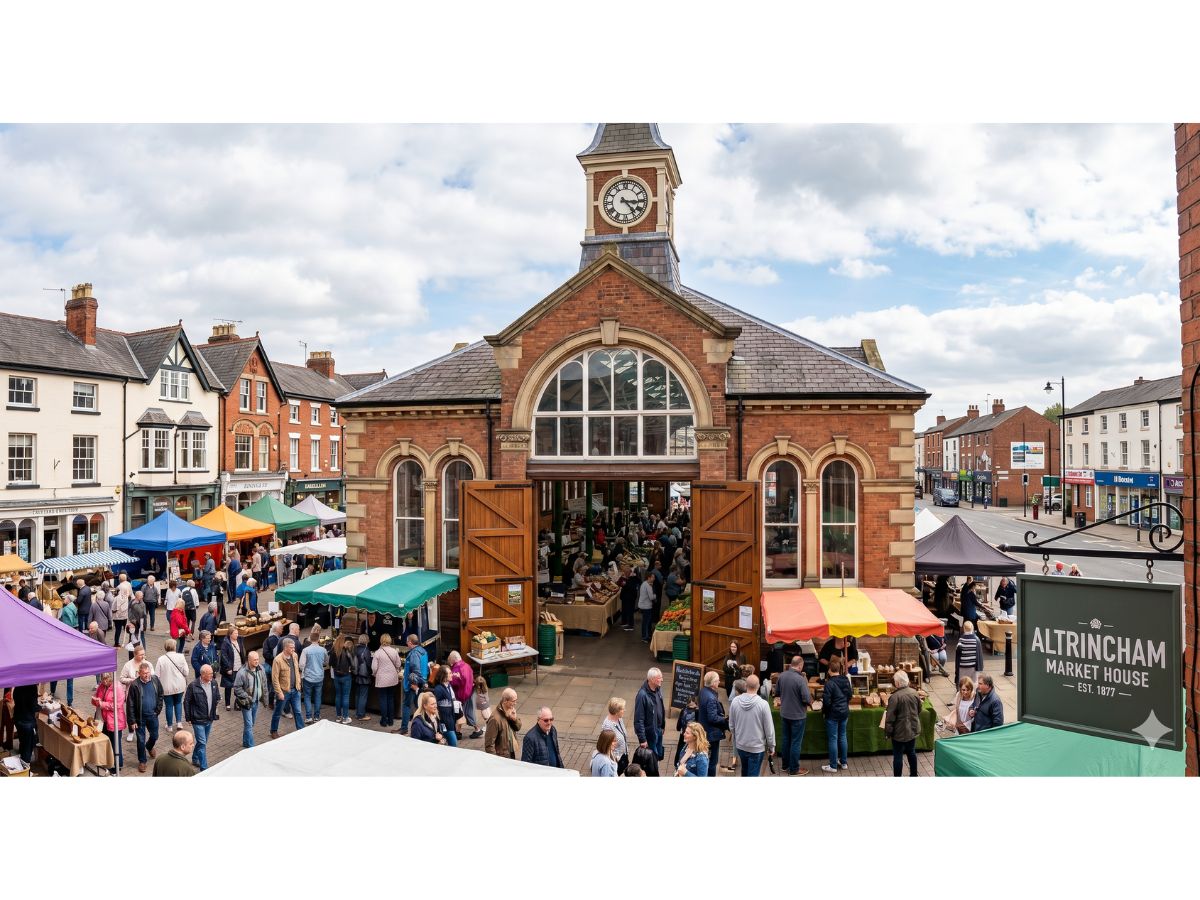 The historic Market House at Altrincham Market in the centre of Altrincham
