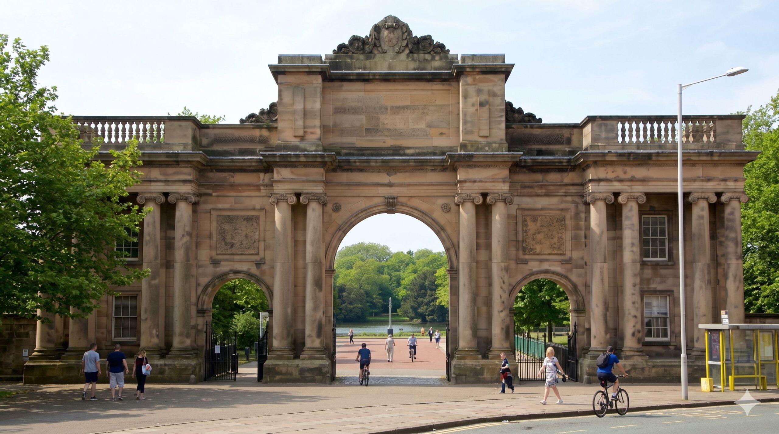 Grand Entrance arch to Birkenhead Park with visitors walking and cycling toward the lake