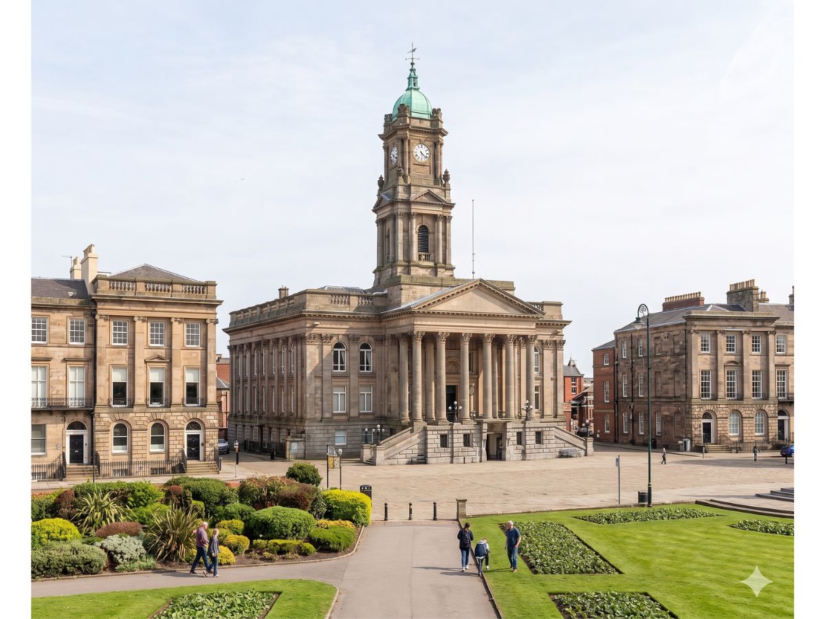 Birkenhead Town Hall and its green-domed clock tower in Hamilton Square, framed by Georgian buildings and landscaped gardens