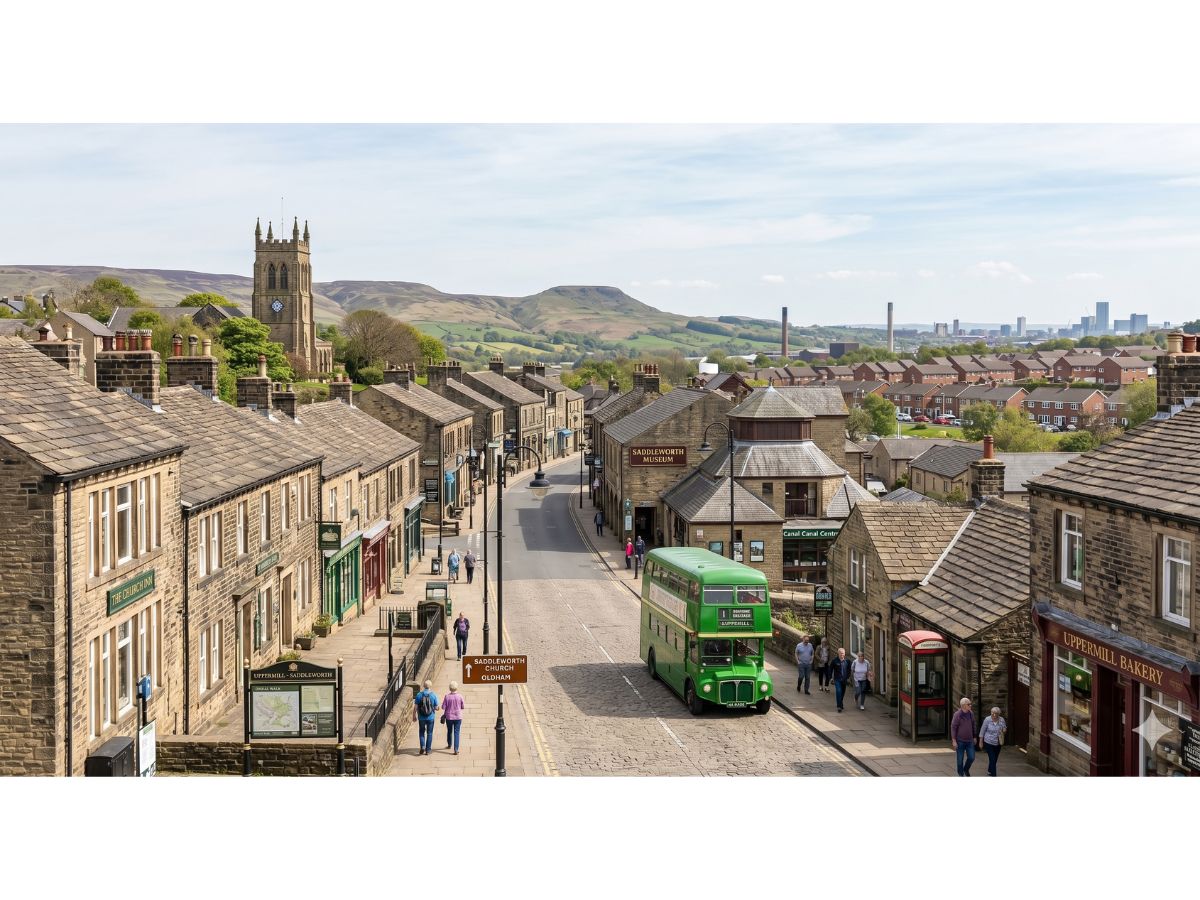 Uppermill high street in Saddleworth, Oldham — a popular base for hen party weekends and Buff Butler bookings