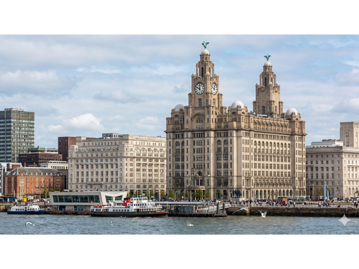 Royal Liver Building and the Pier Head on Liverpool's waterfront, viewed across the River Mersey with a ferry passing in the foreground