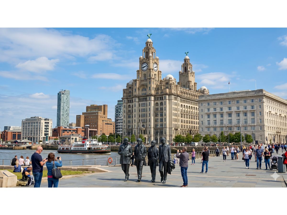 Liverpool waterfront with the Royal Liver Building and Beatles statue on the Pier Head promenade