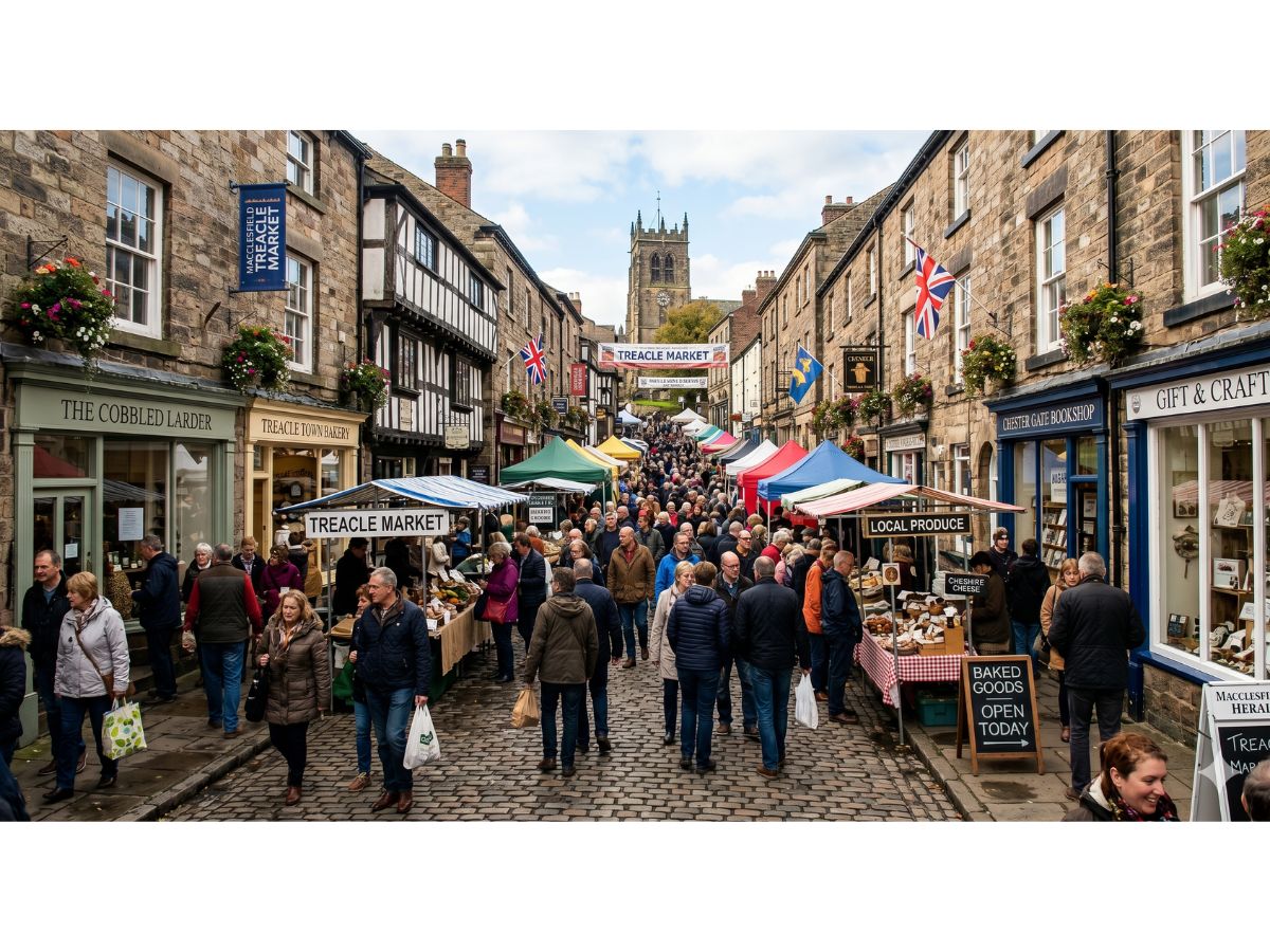 Cobbled town-centre streets of Macclesfield on Treacle Market day, near hen party life drawing venues