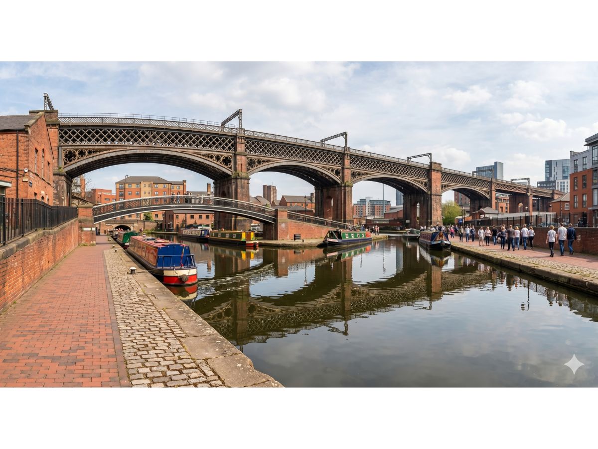 Castlefield canal basin and viaduct in central Manchester, a popular area for hen parties and celebrations
