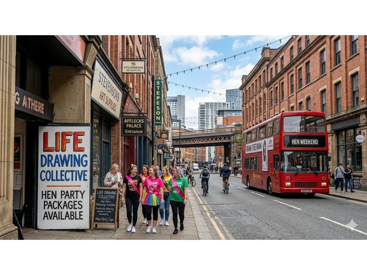 Northern Quarter street in central Manchester, a popular base for hen party life drawing weekends