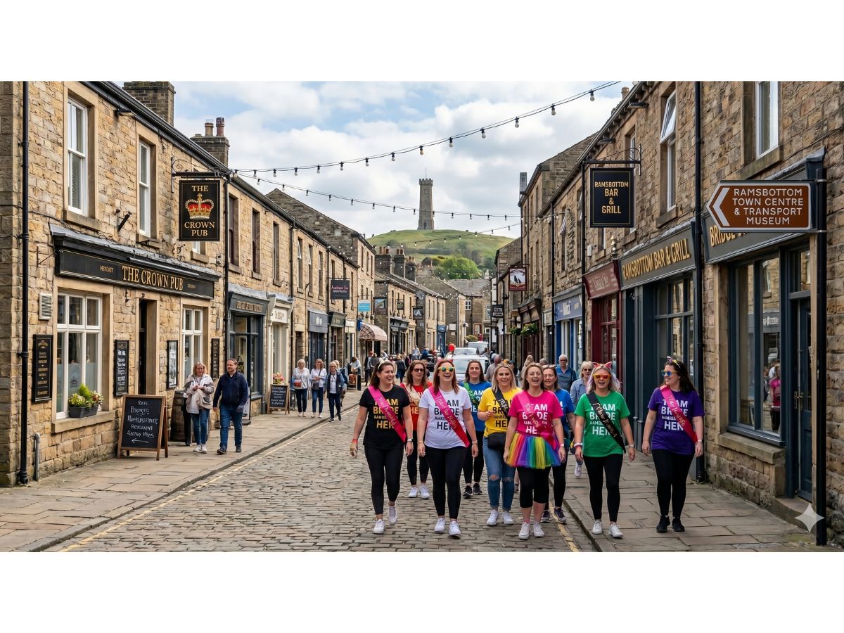 Bridge Street in Ramsbottom, the most popular base for Bury hen weekends, lined with independent bars and restaurants