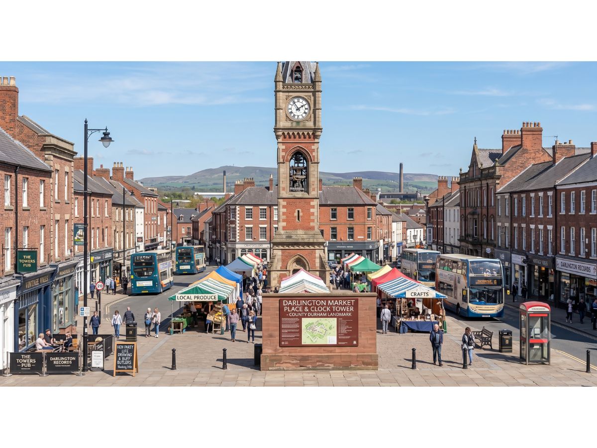 Darlington Clock Tower rising above the Market Place in the town centre