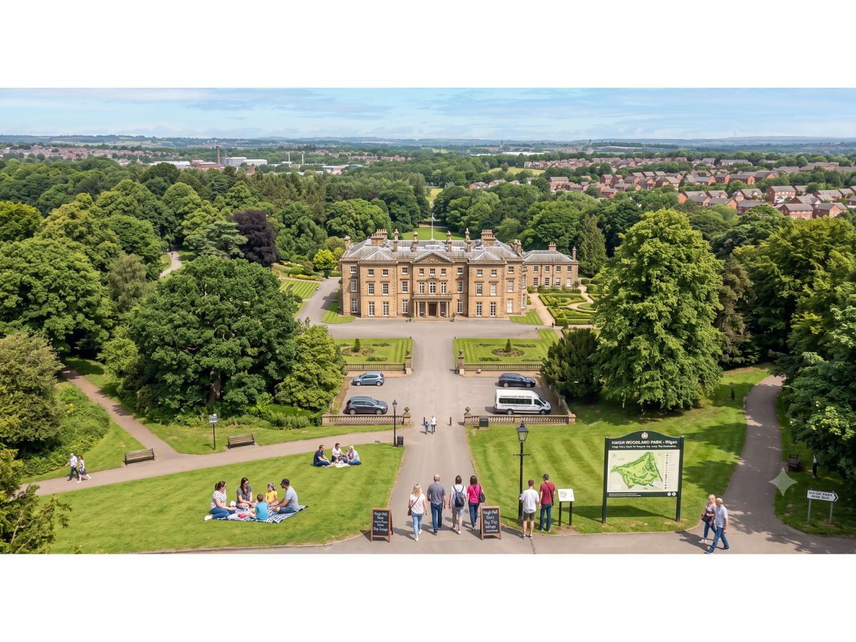Haigh Hall country house set in Haigh Woodland Park, Wigan, a popular local spot for group day trips