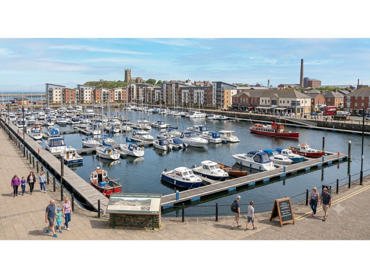Boats moored at Hartlepool Marina with waterfront apartments behind