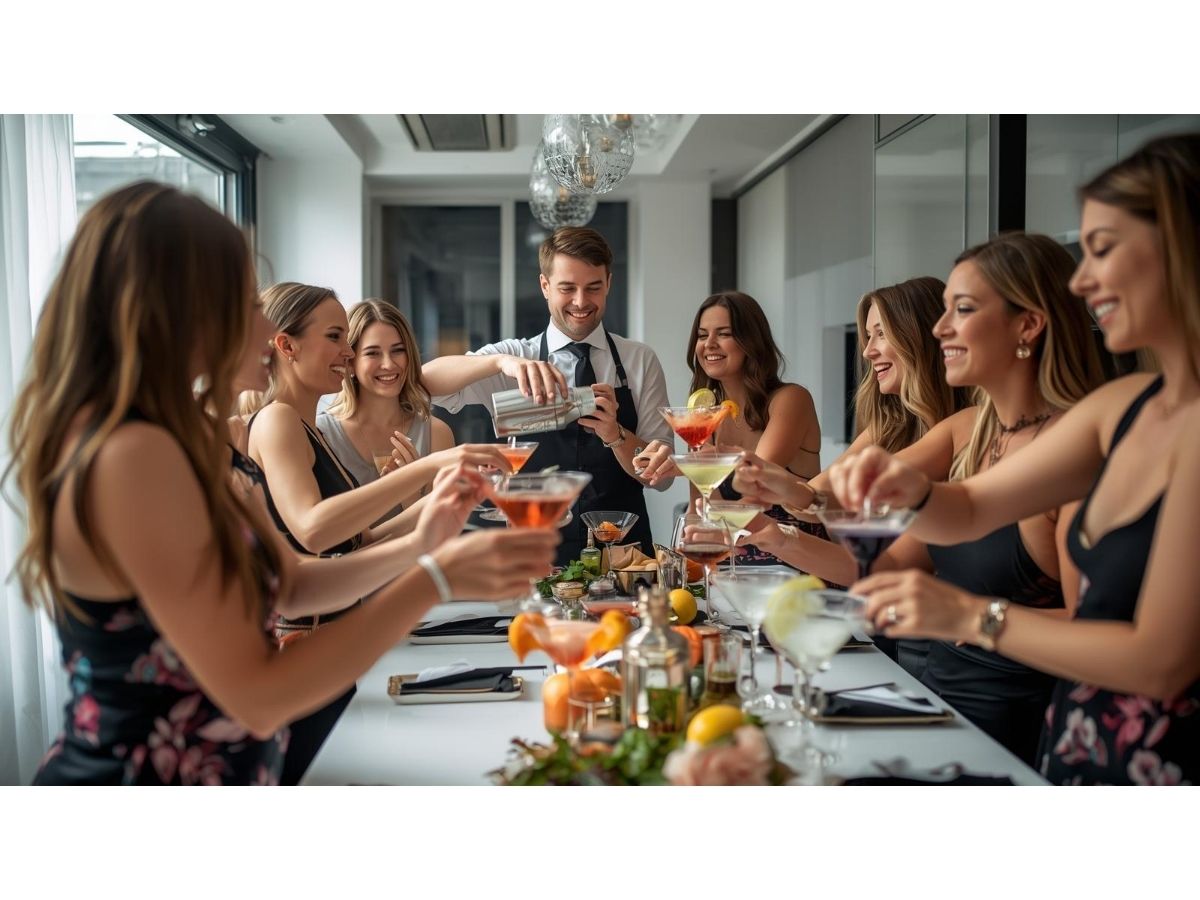 Buff butler hosting a mobile cocktail making class for a hen party in Salford as guests toast with freshly made cocktails