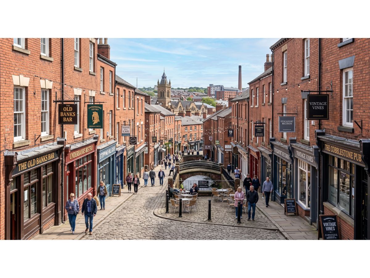 Historic cobbled Underbanks in Stockport Old Town, lined with independent bars and restaurants