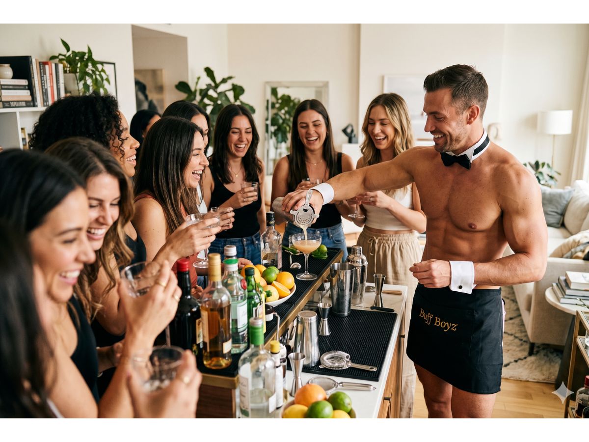 Group enjoying a hosted mobile cocktail making class with a buff butler host