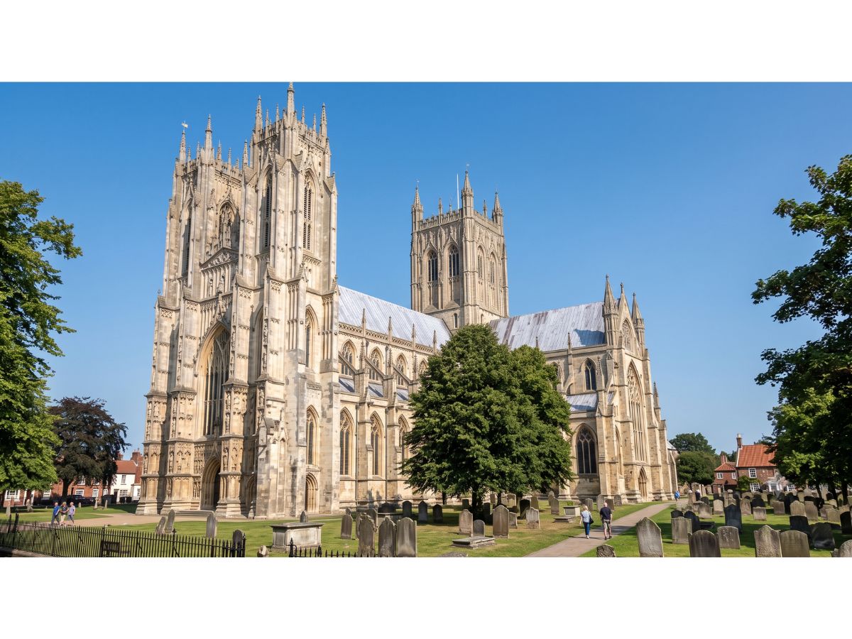 Beverley Minster viewed from the churchyard on a clear day in East Yorkshire