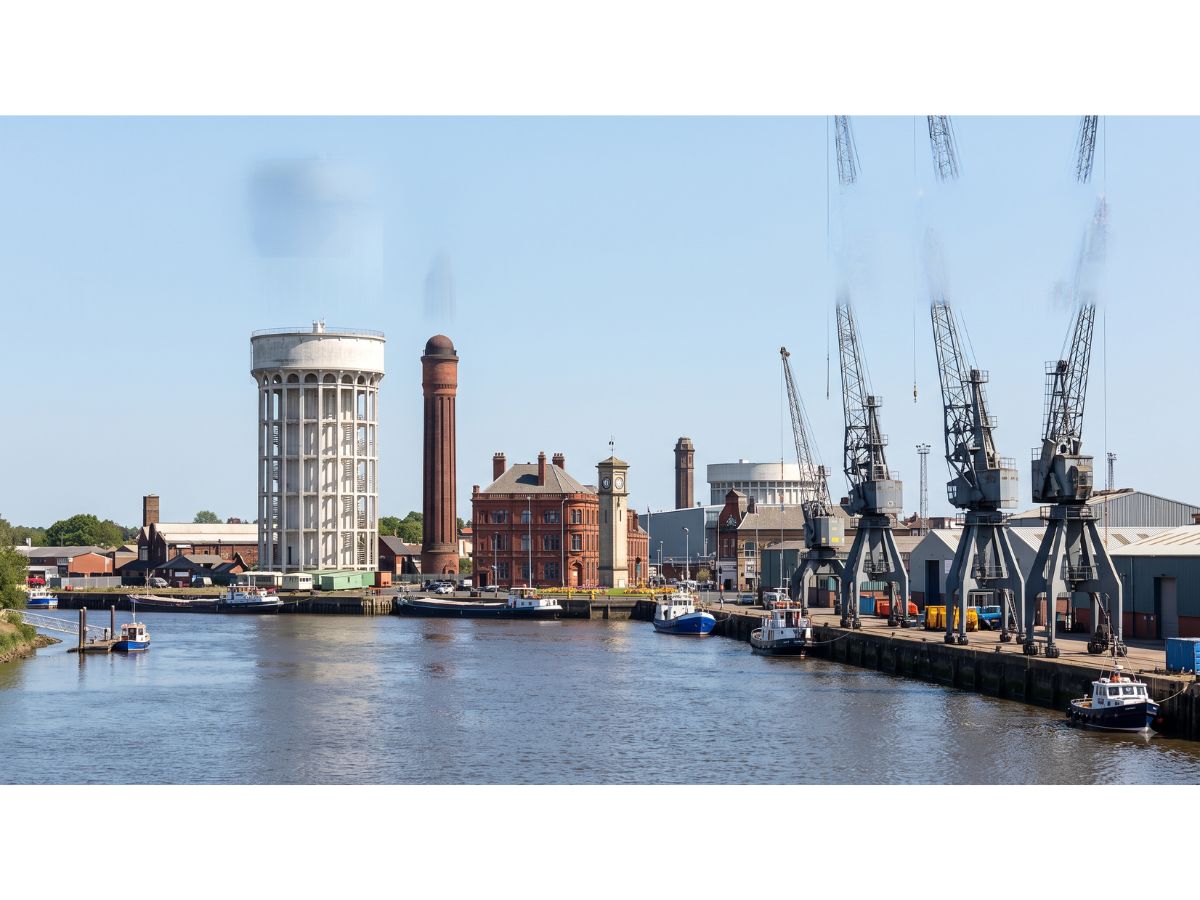 Goole waterfront and dock cranes on the River Ouse in East Yorkshire