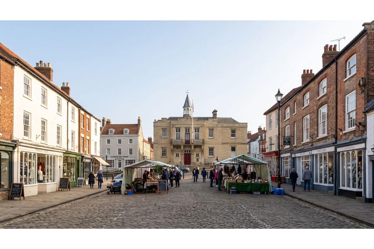 Georgian buildings and shopfronts around the Market Place in Malton, North Yorkshire