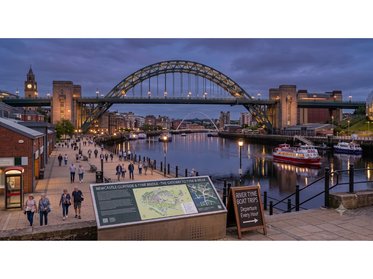 The Tyne Bridge and Newcastle Quayside lit up at dusk, viewed along the River Tyne