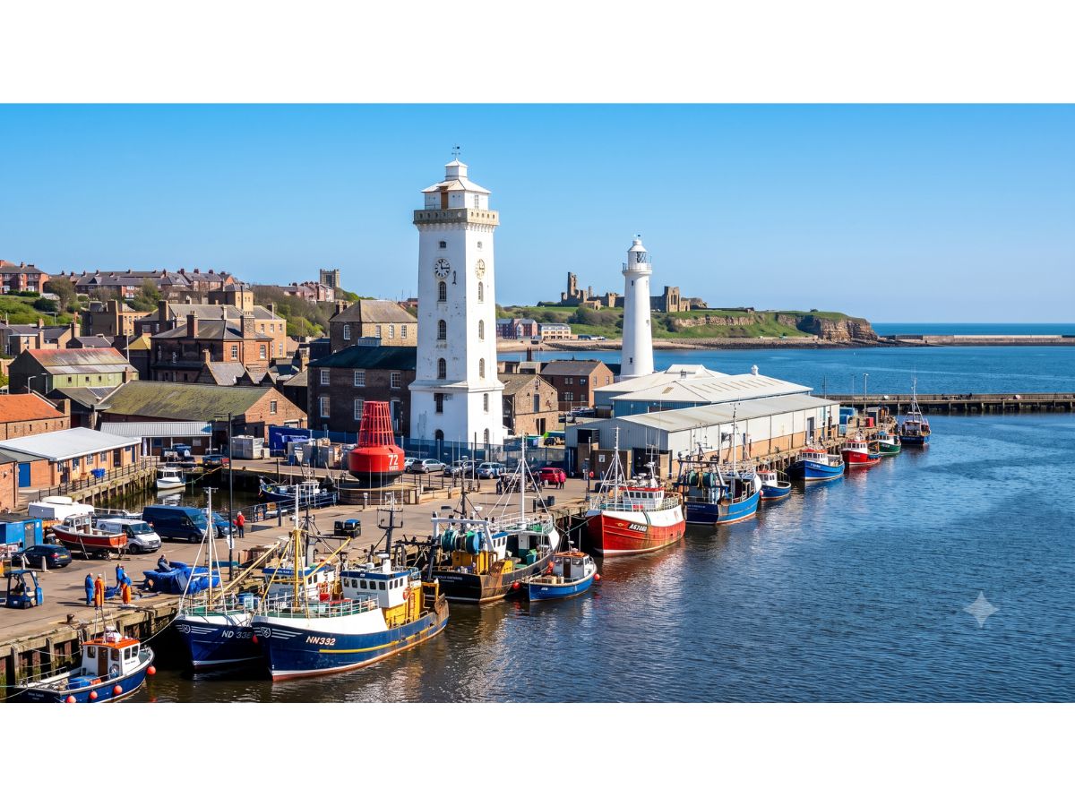 Fishing boats moored along the River Tyne at North Shields Fish Quay, with waterfront buildings behind