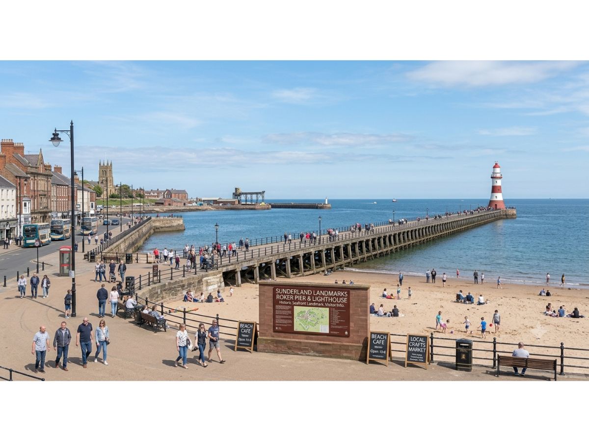 Roker Pier and lighthouse on the Sunderland seafront under a clear sky