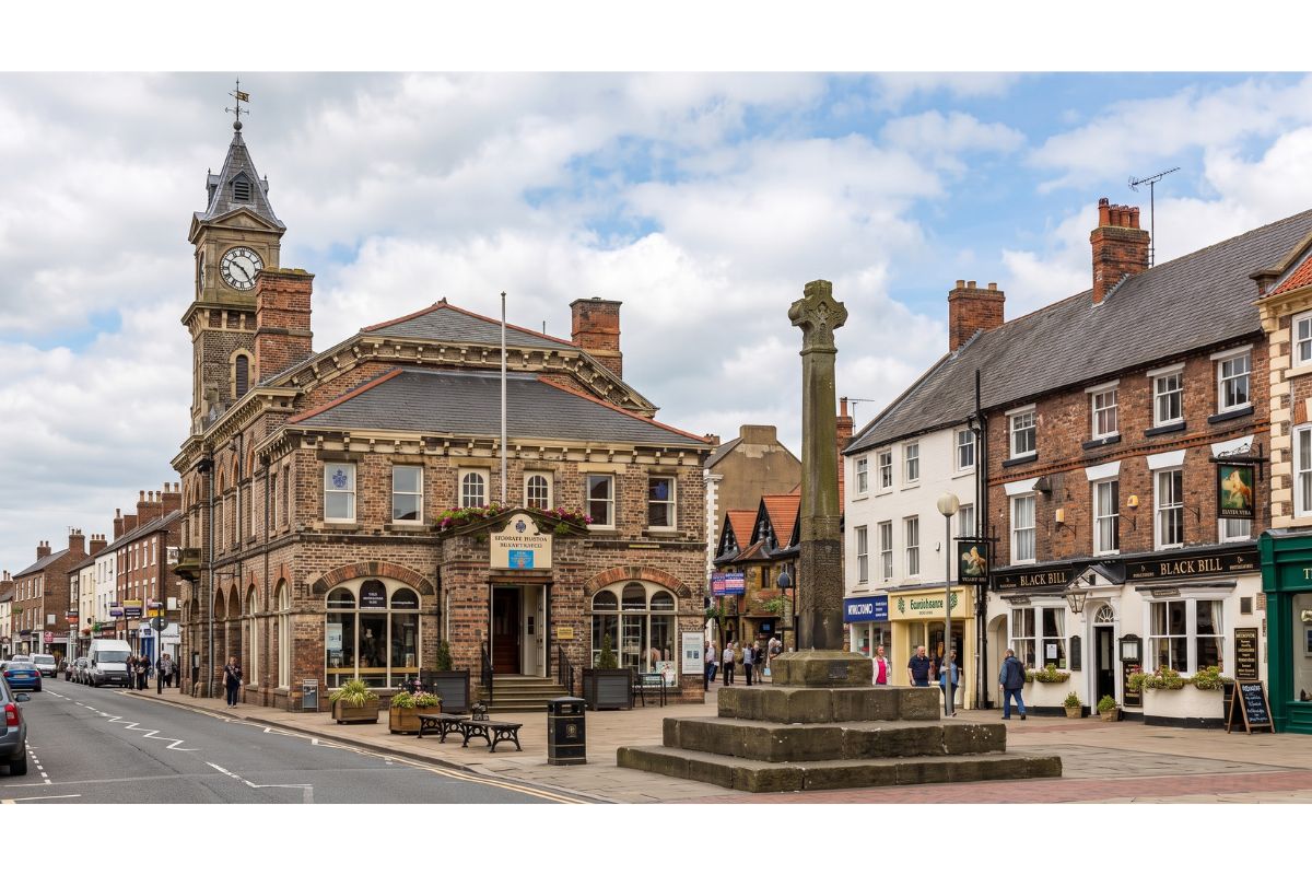 Northallerton High Street with the Victorian town hall and market cross, North Yorkshire