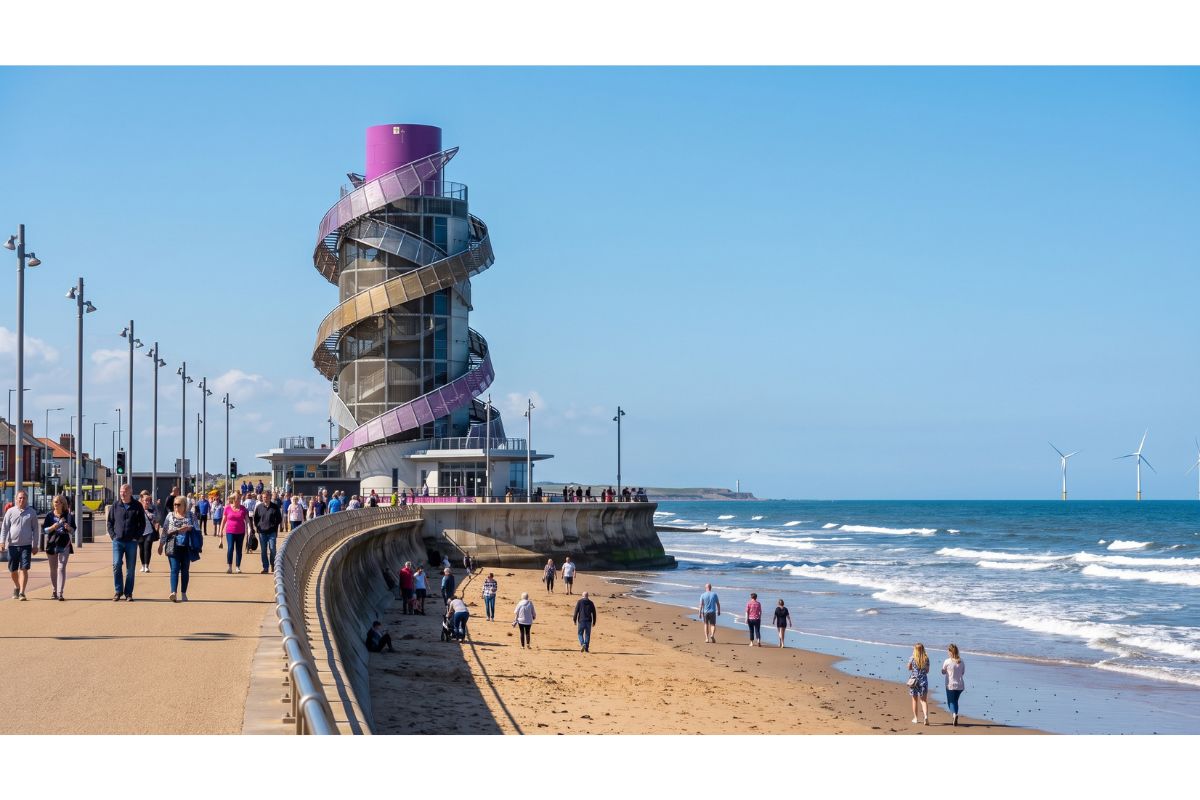 The Redcar Beacon rising above the Esplanade on Redcar seafront