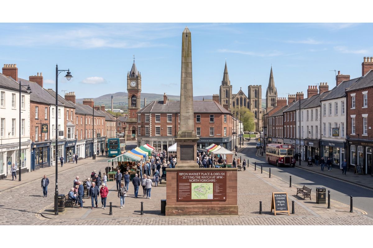 The obelisk in Ripon Market Place, North Yorkshire, where the hornblower sets the watch at 9pm each night