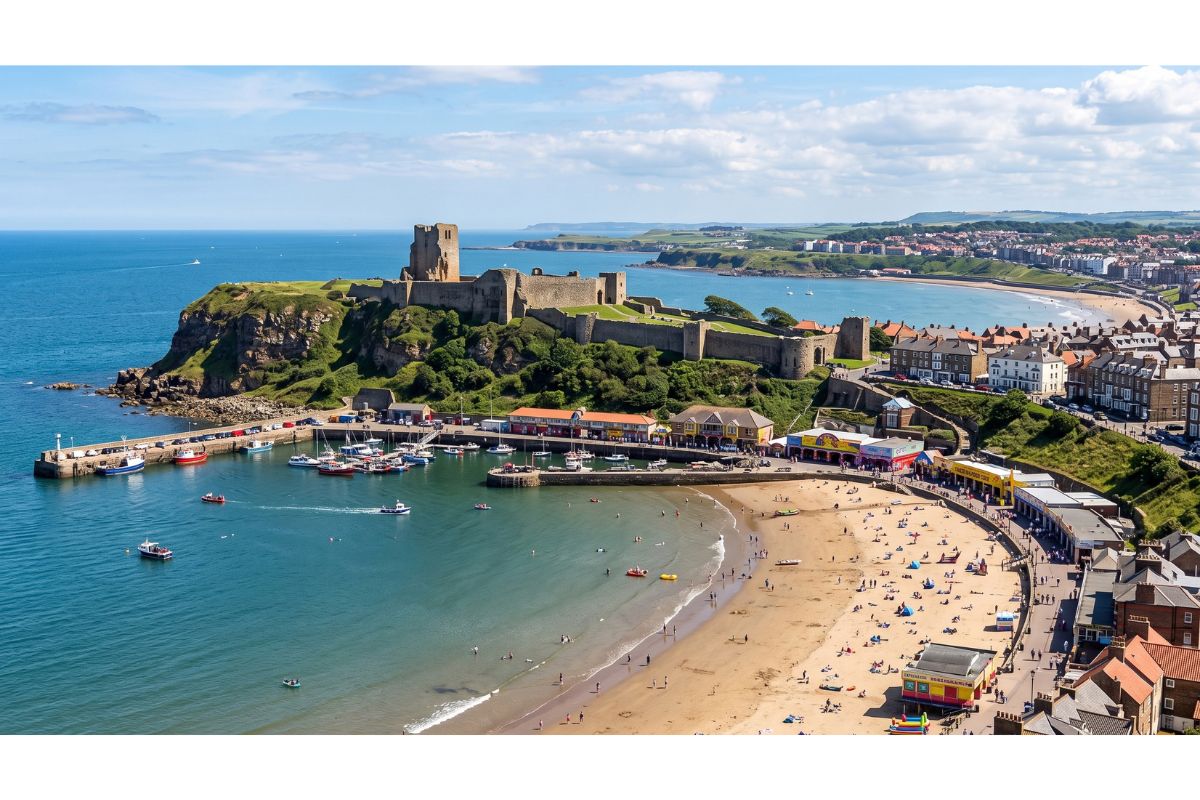 Scarborough Castle on its headland above the South Bay seafront, North Yorkshire